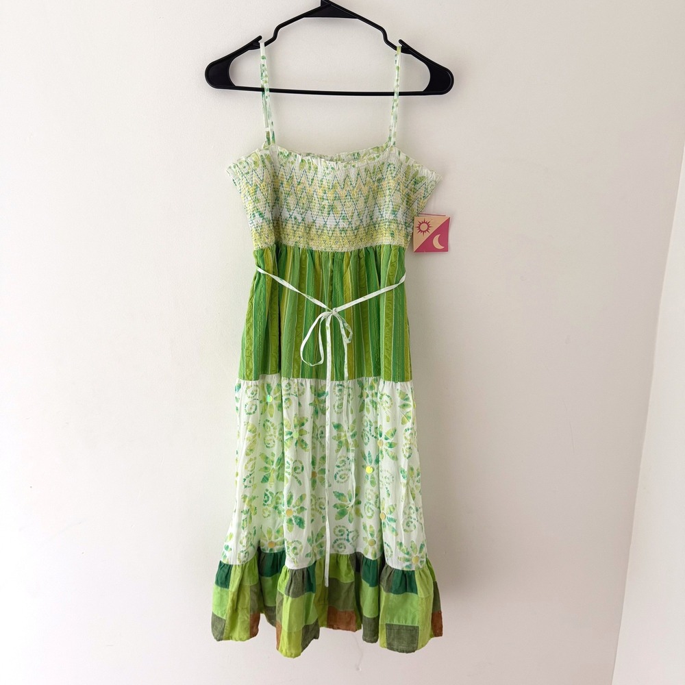 Y2K‎ Solstice Cotton Midi Dress Tiered Smocked S Fairy Sequins Cottagecore NWT